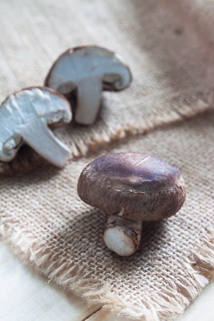 Raw and fresh mushrooms on sackcloth