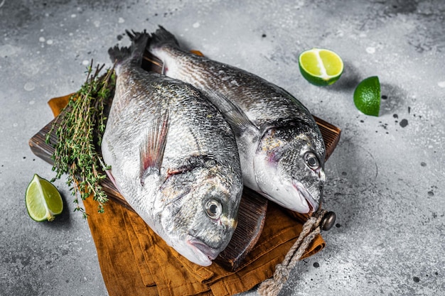 Raw fresh organic dorado or sea bream fish on wooden board with herbs and lime Gray background Top view