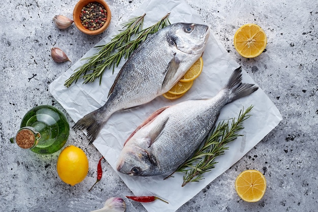 Raw fresh organic dorado or sea bream on stone or concrete.Top view .