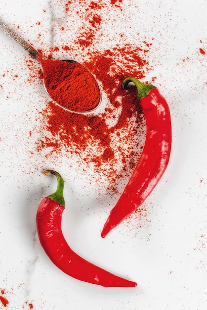 Raw fresh organic and dried ground chili pepper on white marble  top view copyspace