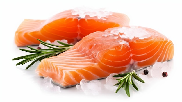 Raw fresh Pacific salmon fillets garnished with rosemary isolated on a white background generative ai