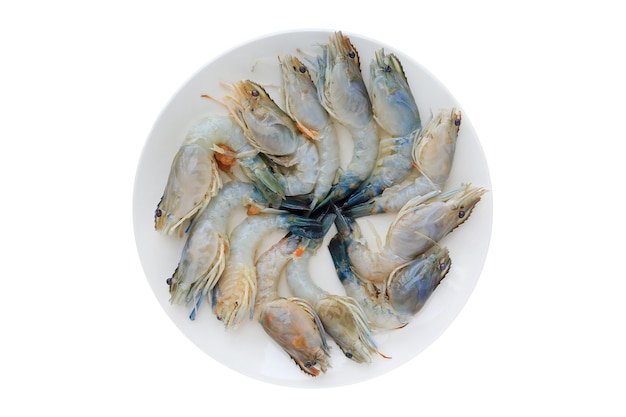 Raw fresh prawns on white ceramic plate isolated over white background