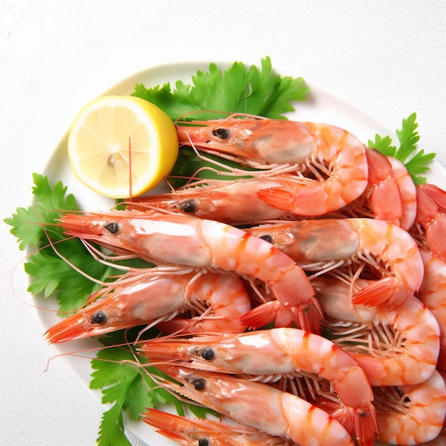 Raw Fresh Prawns with Salad and Lemon Slices on White Plate