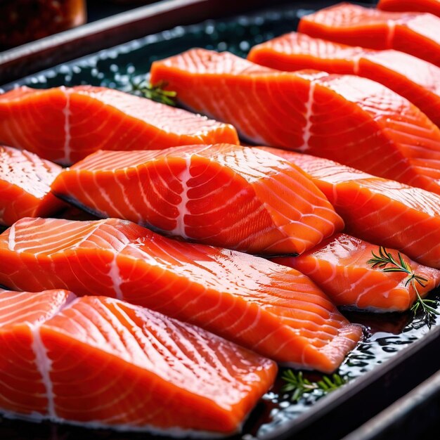 Photo raw fresh salmon fish fillets food processing for restaurant prep or food manufacturing industry fa