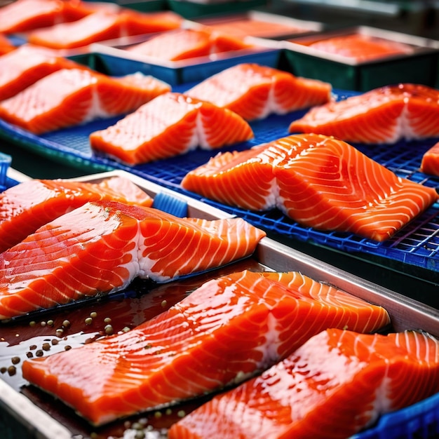 Raw fresh salmon fish fillets food processing for restaurant prep or food manufacturing industry fa