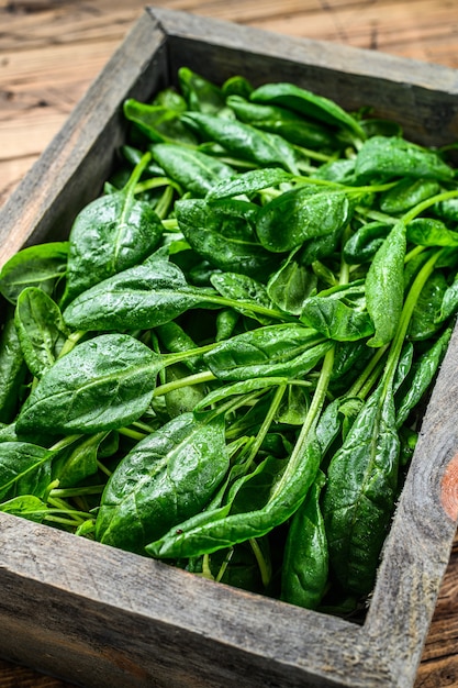 Raw fresh spinach leaves on a stone table