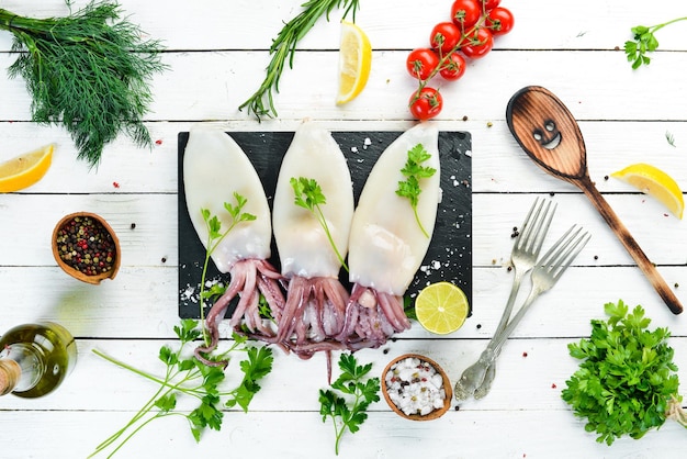 Photo raw fresh squid with spices seafood on a white wooden background top view free copy space
