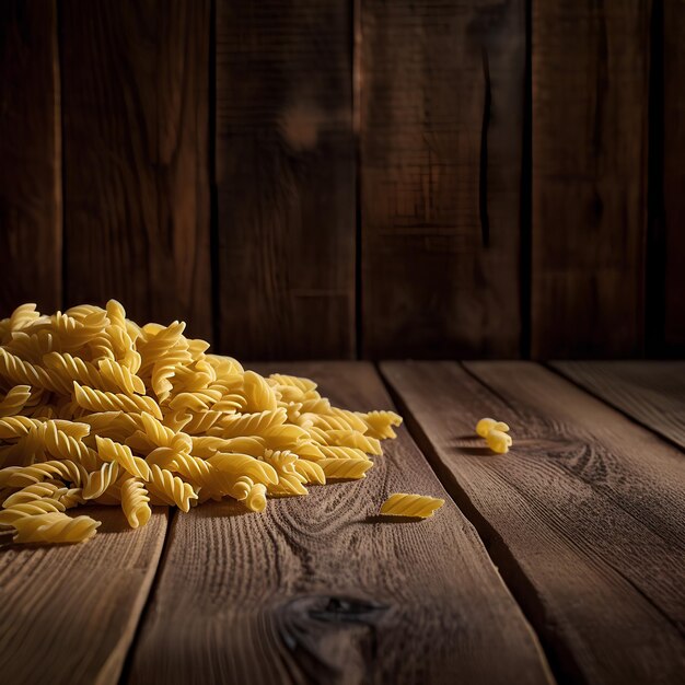 Photo raw fusilli pasta on dark wooden background with space for text