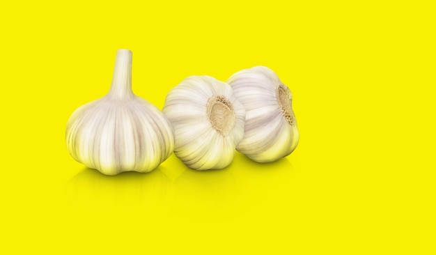 Raw garlic isolated on yellow background