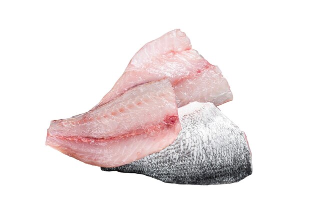 Raw Gilthead Sea bream fish fillets on a butcher cutting board Isolated on white background