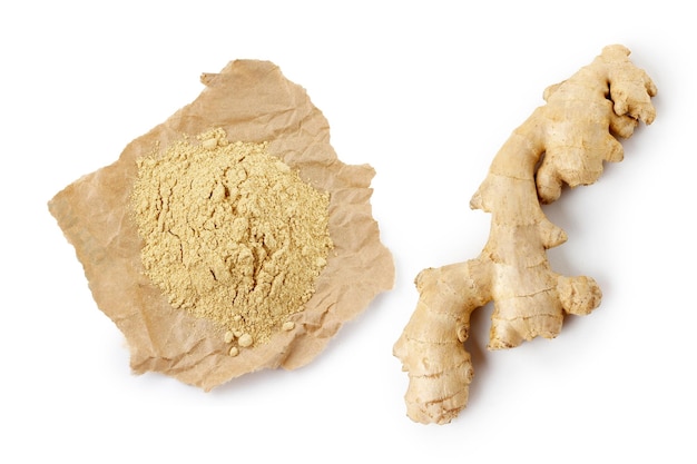 Raw ginger ground powder isolated on white background Antiinflammatory and antioxidant