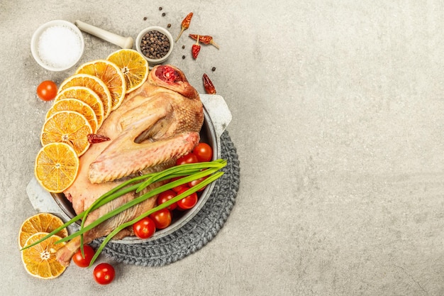 Raw goose with vegetables and spices. Traditional ingredient for preparing festive and healthy food, rustic style. Light stone concrete background, top view