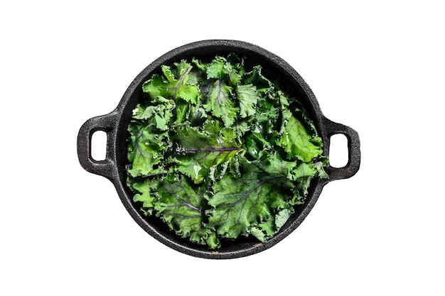Raw Green Kale salad in a pan Organic Vegetarian food Isolated on white background