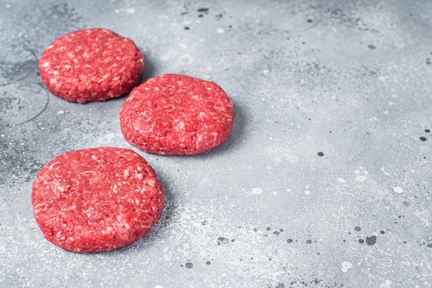 Raw Ground mince beef meat Burger steak cutlets. Gray background. Top view. Copy space.