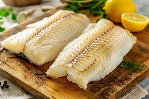 Raw hake fish carcass on a wooden chopping board