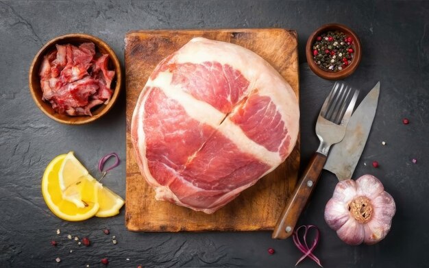 Foto taglio di prosciutto crudo e utensili da cucina vista dall'alto