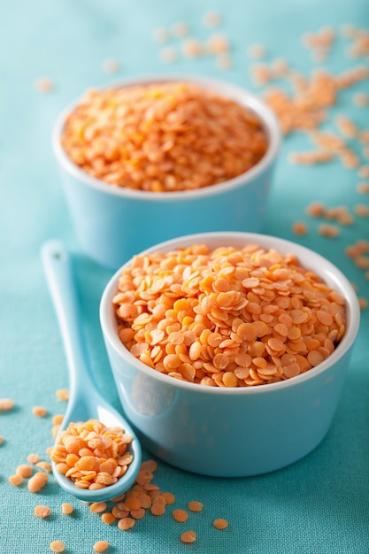 Raw healthy red lentils in bowl