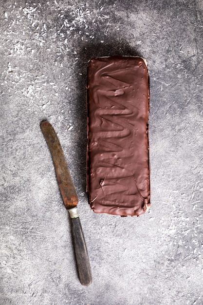 Raw homemade chocolate coconut dessert.