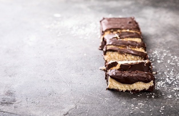 Raw homemade chocolate coconut dessert.