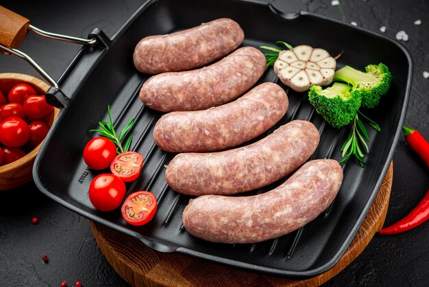 Photo raw homemade sausages with vegetables on a grill pan