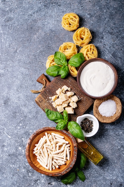 Raw ingredients for cooking pasta