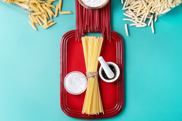 Raw ingredients for cooking pasta