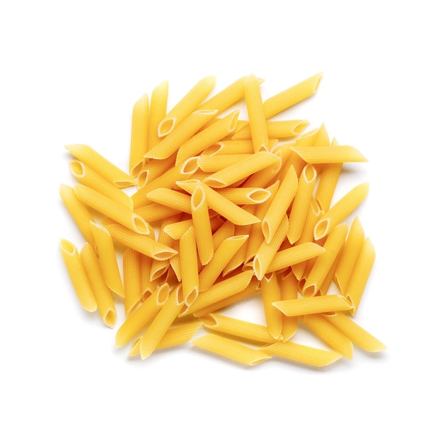 Raw italian penne rigate pasta isolated on white background