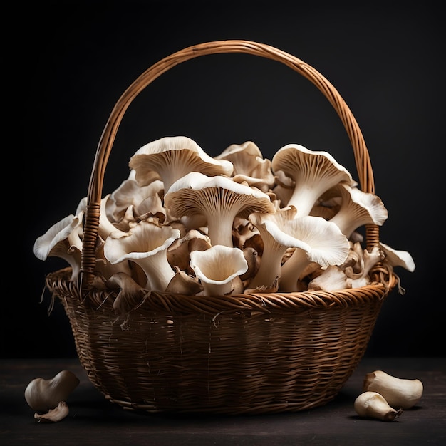 Raw King Oyster Mushrooms in Basket Dark Background