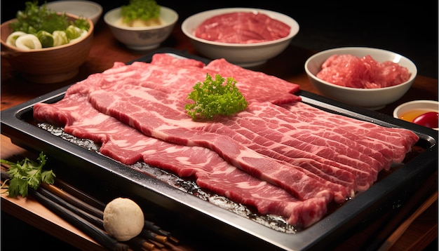 Raw Kobe sliced beef is a delicacy that is prized for its intense flavor and tenderness Shabu