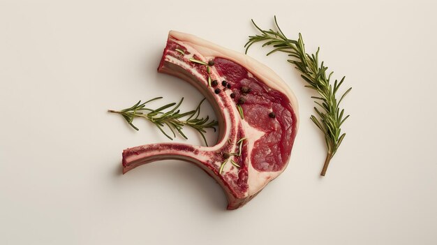 Raw Lamb Chop with Rosemary and Spices on Marble Background