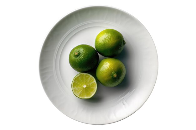 Photo raw lime on white plate on white background