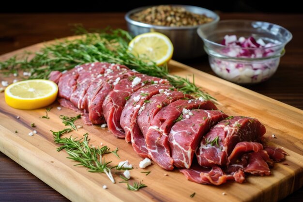 Raw marinated meat ready for traditional gyro cooking