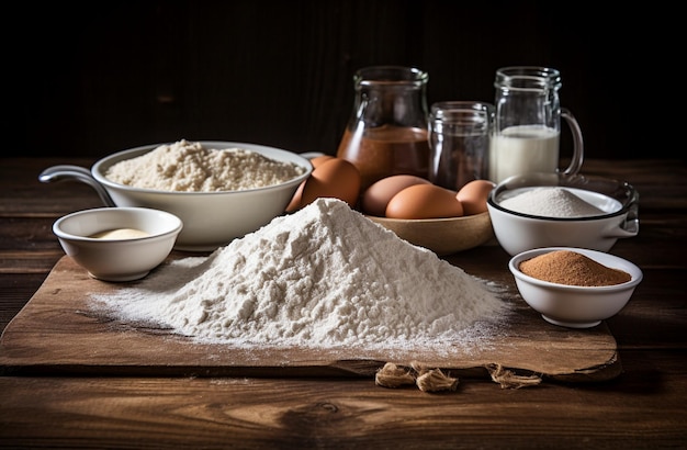 Raw material for baking on wooden background