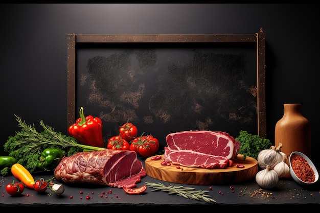 Raw meat assortment on a dark background a panorama and a banner with copy