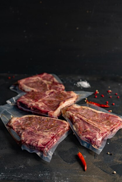 Raw meat, beef steak on black background