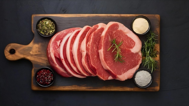 Raw meat on board with spices and herbs on board on dark surface