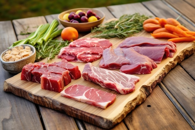 Raw meat diet for dogs arranged on a wooden board