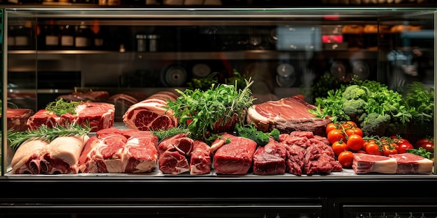 Сырое мясо на выставке мясной лавки Generative Ai