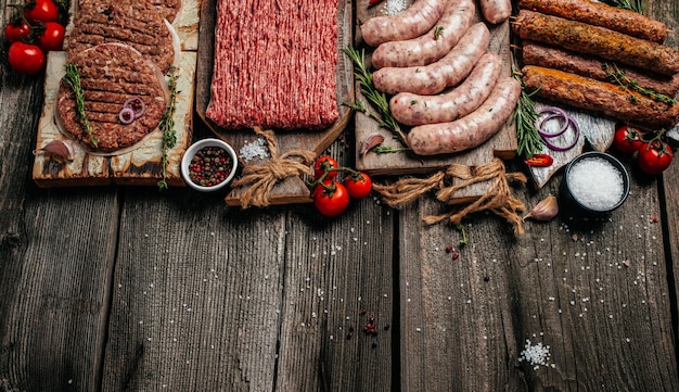 Raw meat products different parts of the body minced beef meat kebabs pork beef chicken on a wooden background Long banner format top view