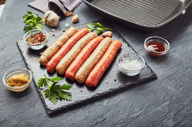 Raw meat sausages on a slate board, with herbs and spices and a square grill pan. View from above.