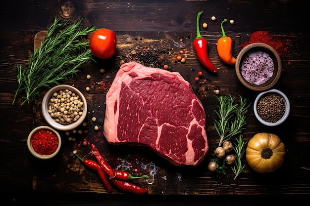 Фото Стейк из сырого мяса с розмарином, специями и овощами на деревянном фоне