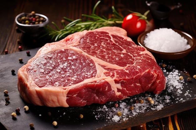 Raw meat steak with rosemary and spices on wooden background