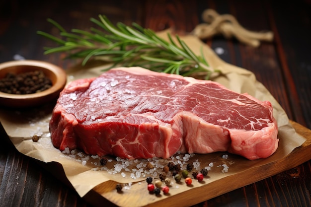 Raw meat steak with rosemary and spices on wooden background