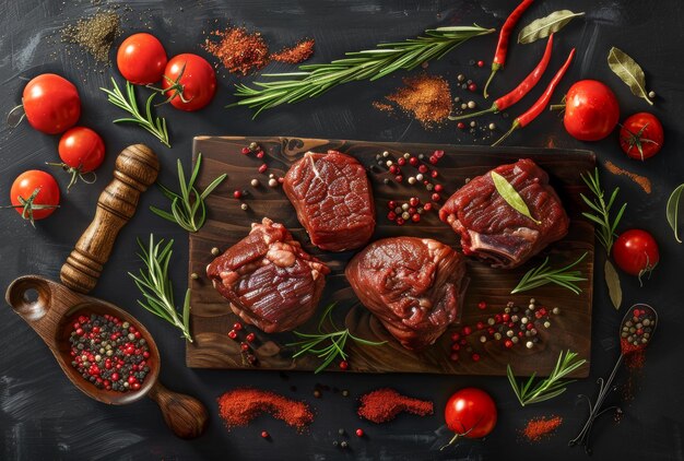 Raw meat steaks on cutting board with spices rosemary and vegetables on dark background top view