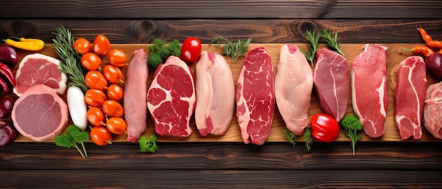 сырое мясо и овощи выложены на разделочной доске