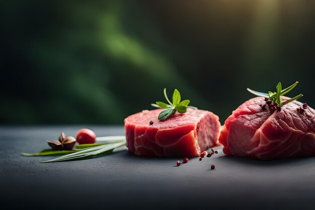 Photo raw meat with herbs and spices on dark surface