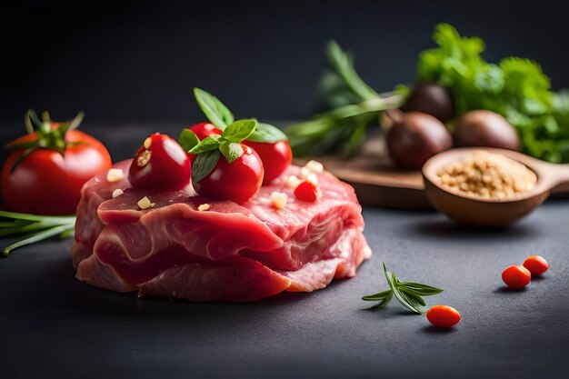 Raw meat with herbs and spices on dark surface