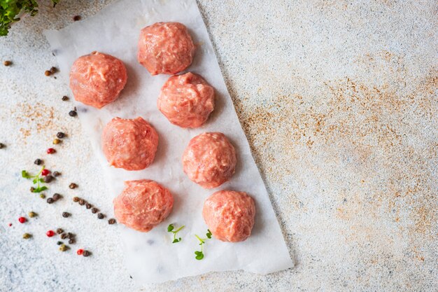 Raw meatballs minced meat pork beef lamb chicken meat cutlet