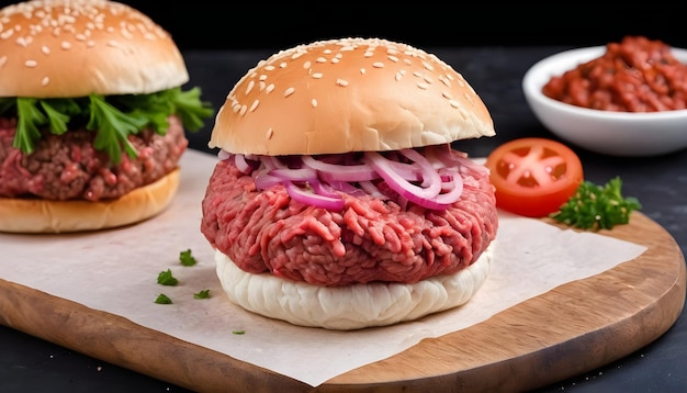 Photo raw minced beef and pork meat for a burger patty or meatballs black background top view