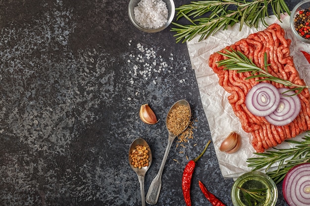 Raw minced meat on paper with onion, herbs and seasonings on bla